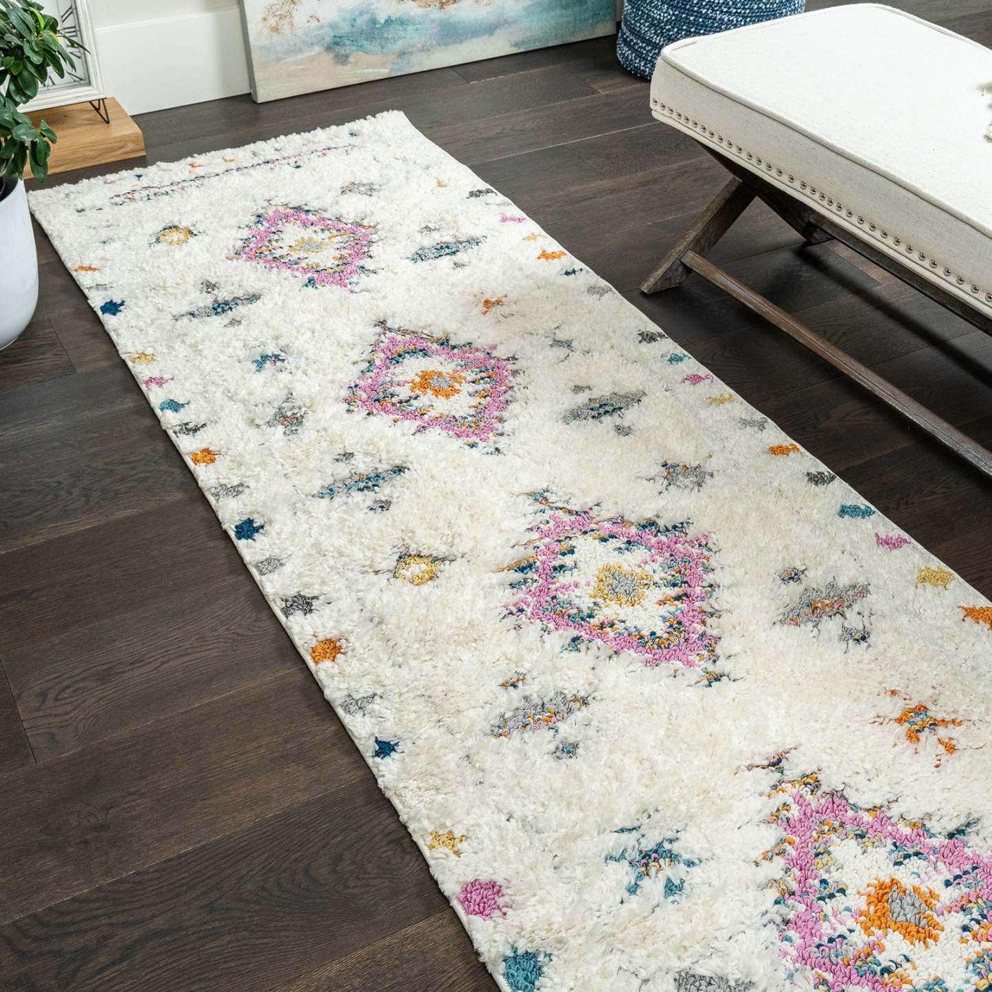 Tapis à poils long Lola à motif de diamants - 2 pi 7 po x 8 pi
