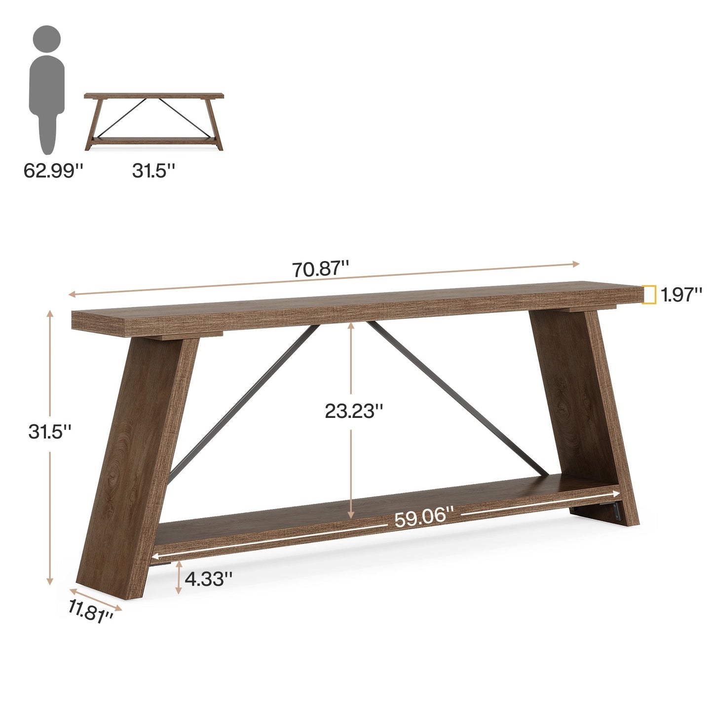 Console/table basse rustique en bois de 180 cm de long avec étagère de rangement