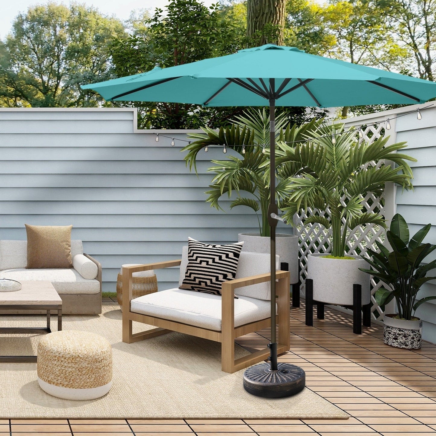 Parasol de terrasse Lopes de 2,74 m (9 pi) avec pied et support lestés finition bronze inclus