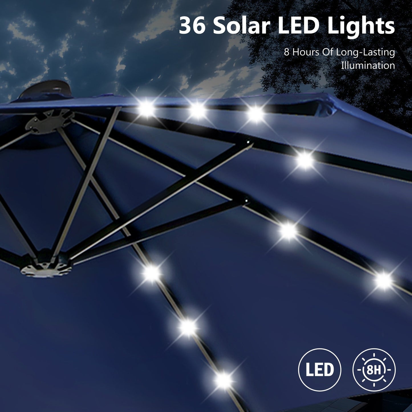 Parasol de marché d'extérieur rectangulaire à manivelle double face MAISON ARTS de 4,57 m (15 pi), avec éclairage solaire à DEL et base incluse