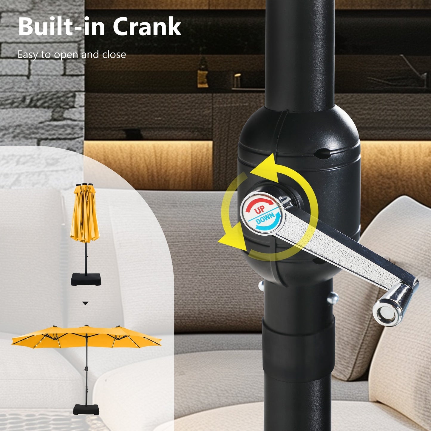 Parasol de marché d'extérieur rectangulaire à manivelle double face MAISON ARTS de 4,57 m (15 pi), avec éclairage solaire à DEL et base incluse