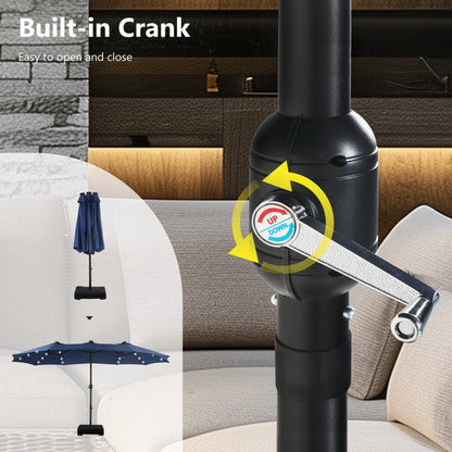 Parasol de marché d'extérieur rectangulaire à manivelle double face MAISON ARTS de 4,57 m (15 pi), avec éclairage solaire à DEL et base incluse