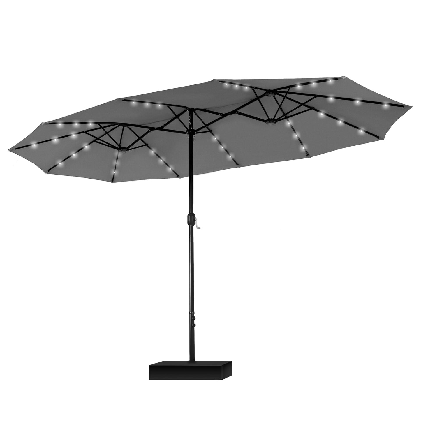 Parasol de marché d'extérieur rectangulaire à manivelle double face MAISON ARTS de 4,57 m (15 pi), avec éclairage solaire à DEL et base incluse