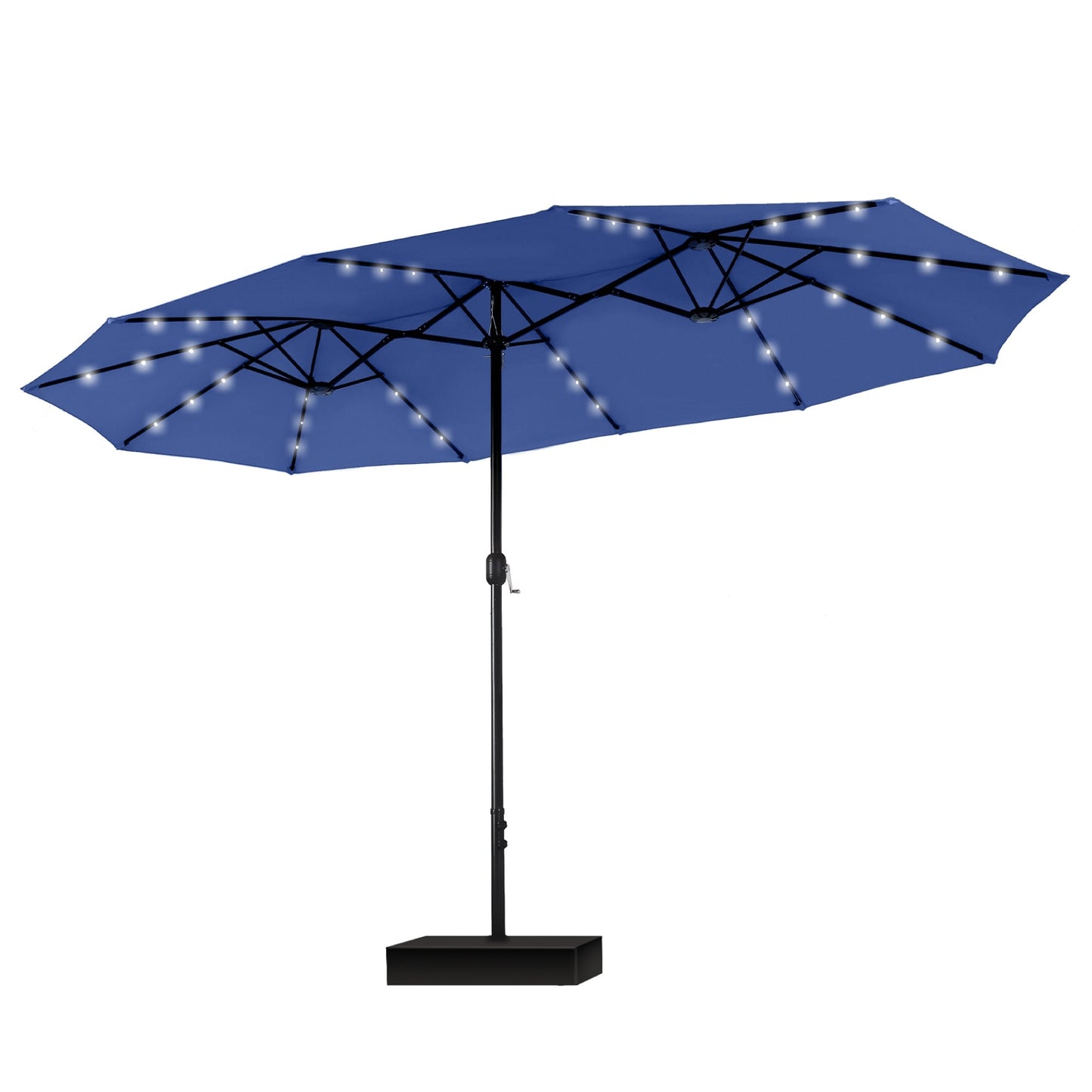 Parasol de marché d'extérieur rectangulaire à manivelle double face MAISON ARTS de 4,57 m (15 pi), avec éclairage solaire à DEL et base incluse