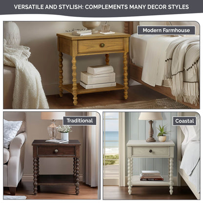 Table de chevet en bois tourné Beckett, signée Madison Park, avec tiroir et étagère.