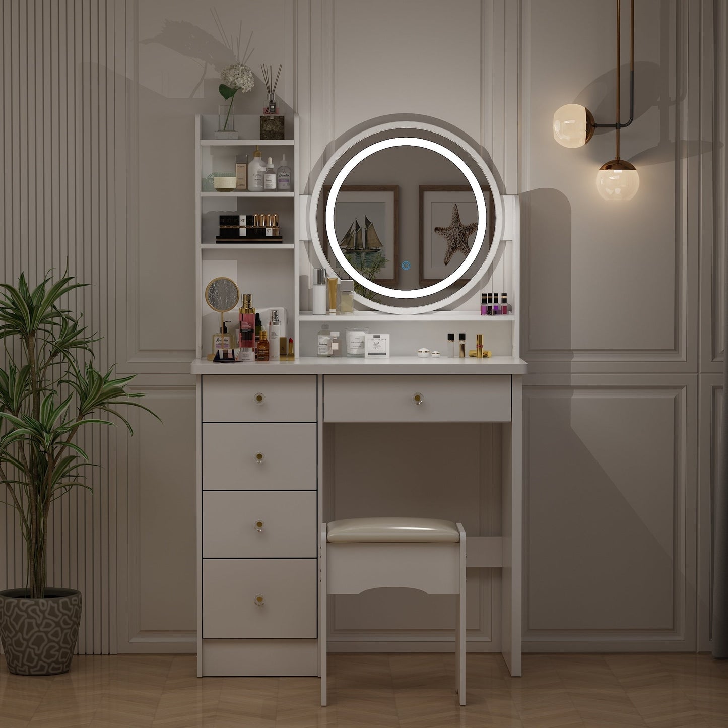 Ensemble coiffeuse avec miroir tactile et tabouret