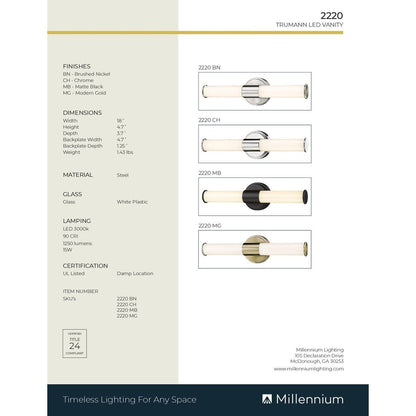 Luminaire de salle de bain à DEL Truman de Millennium Lighting, disponible en plusieurs finitions