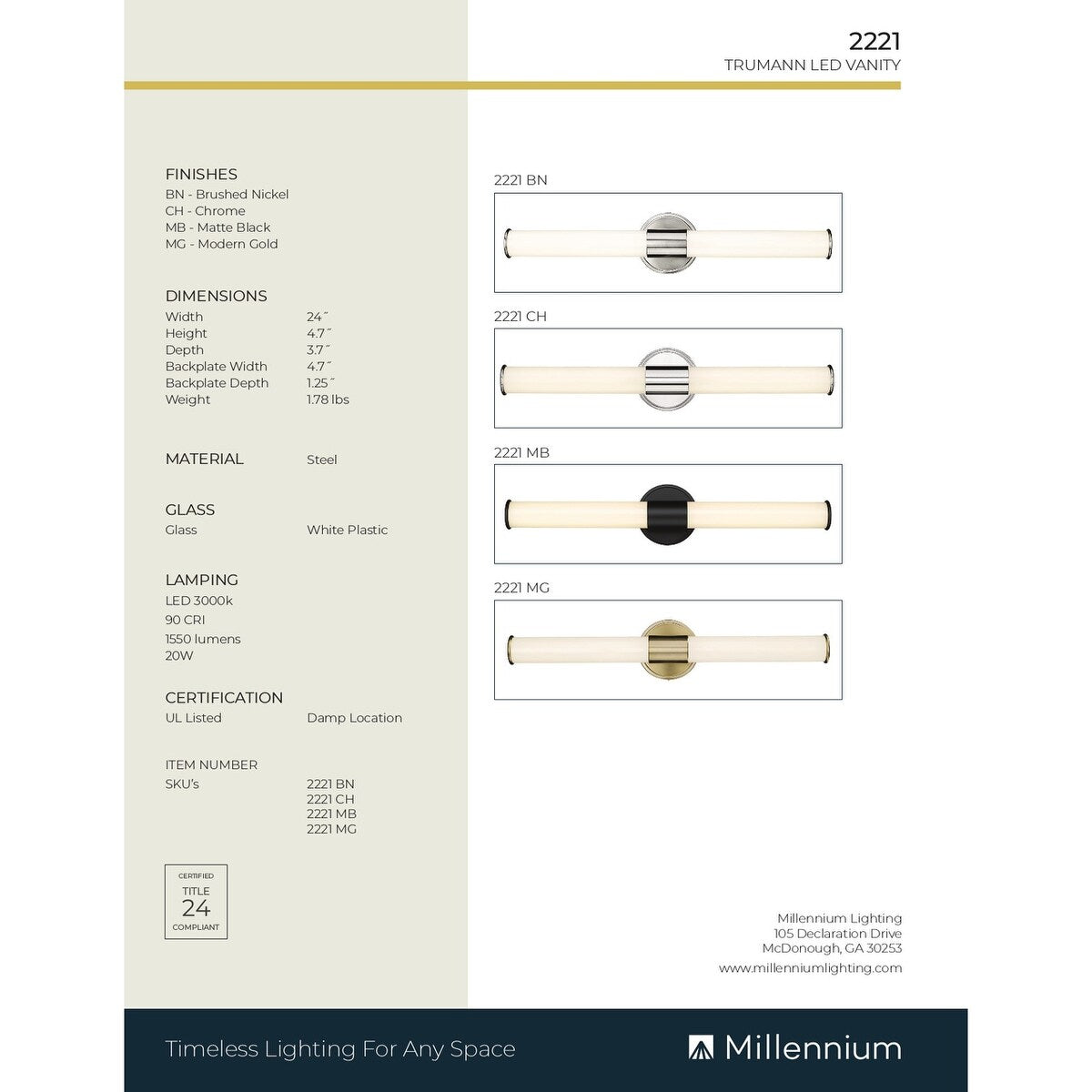 Luminaire de salle de bain à DEL Truman de Millennium Lighting, disponible en plusieurs finitions