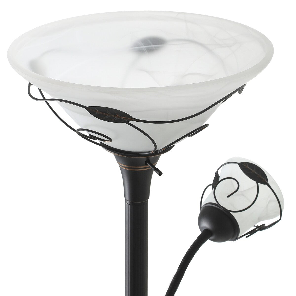 Lampadaire torche traditionnel Moasis 71 avec lampe de lecture réglable, abat-jour en verre albâtre - 180 cm de hauteur