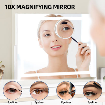 Miroir de maquillage Moasis avec lumière LED, port de chargement USB, grossissement x10 et haut-parleur Bluetooth.