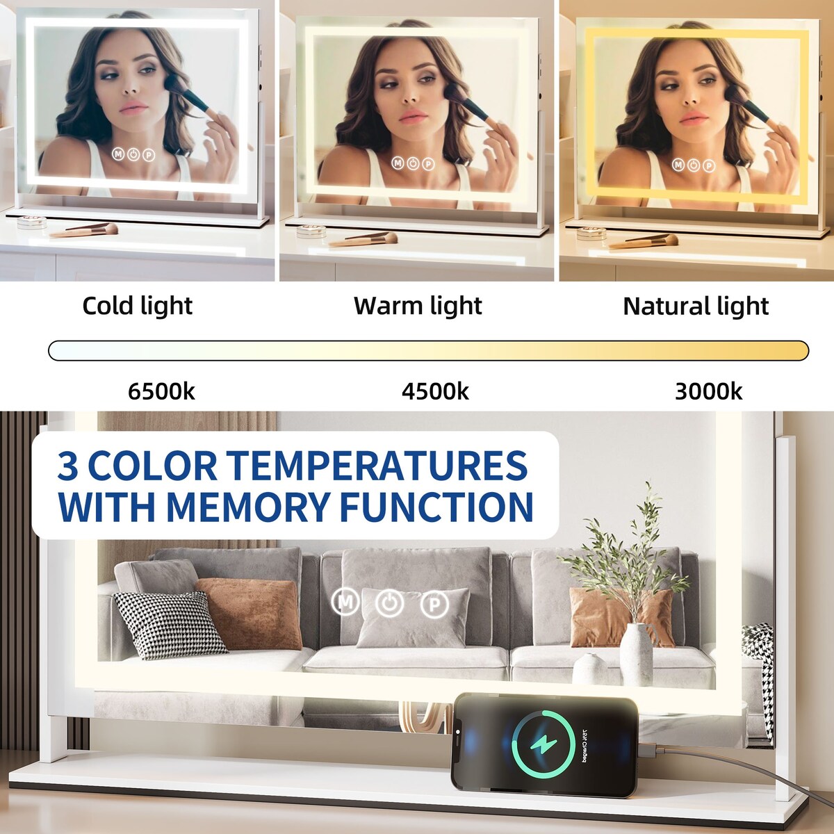 Miroir de maquillage Moasis avec lumière LED, port de chargement USB, grossissement x10 et haut-parleur Bluetooth.