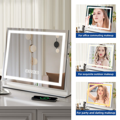 Miroir de maquillage Moasis avec lumière LED, port de chargement USB, grossissement x10 et haut-parleur Bluetooth.