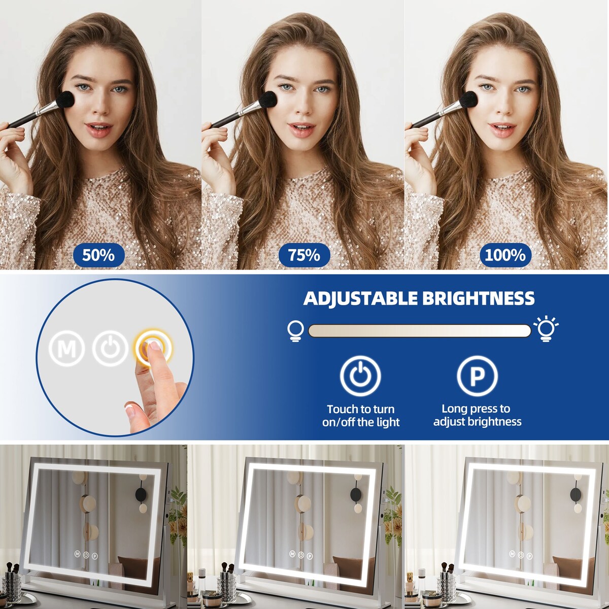 Miroir de maquillage Moasis avec lumière LED, port de chargement USB, grossissement x10 et haut-parleur Bluetooth.