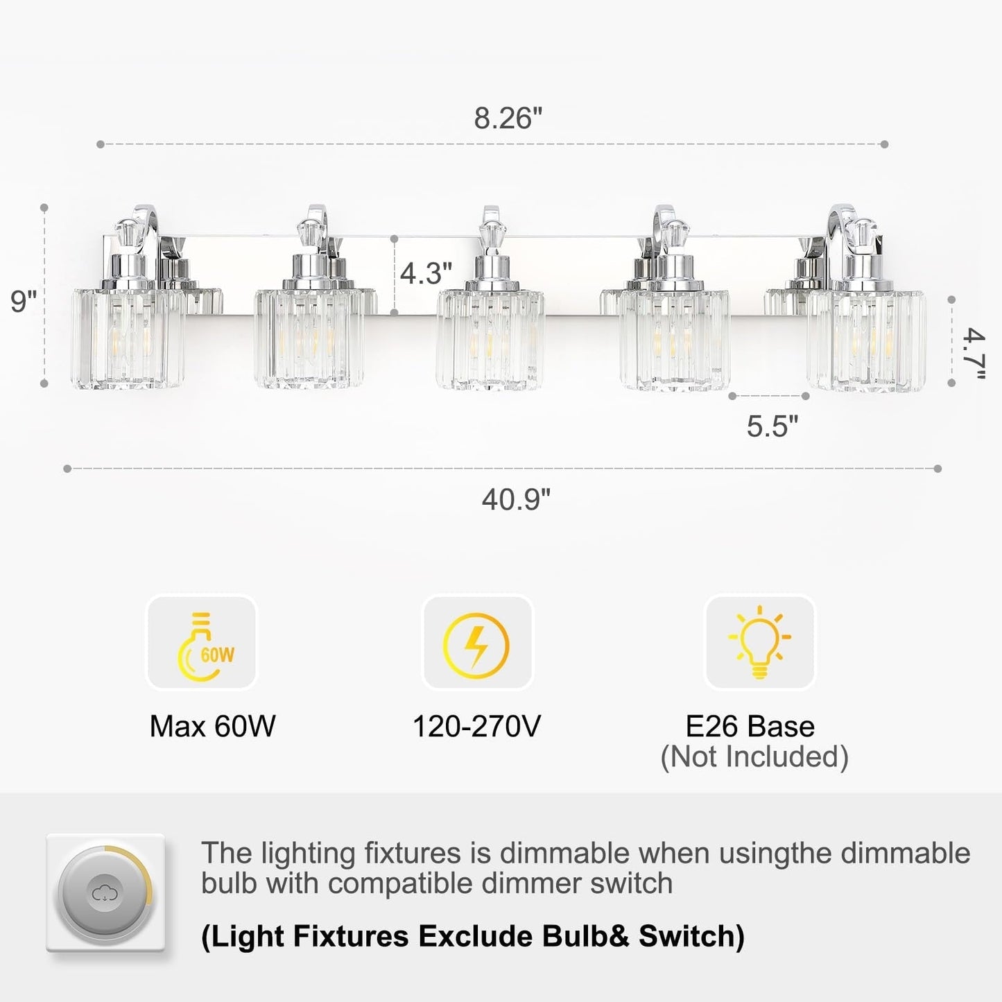 Appliques murales modernes en cristal pour salle de bain, à intensité variable
