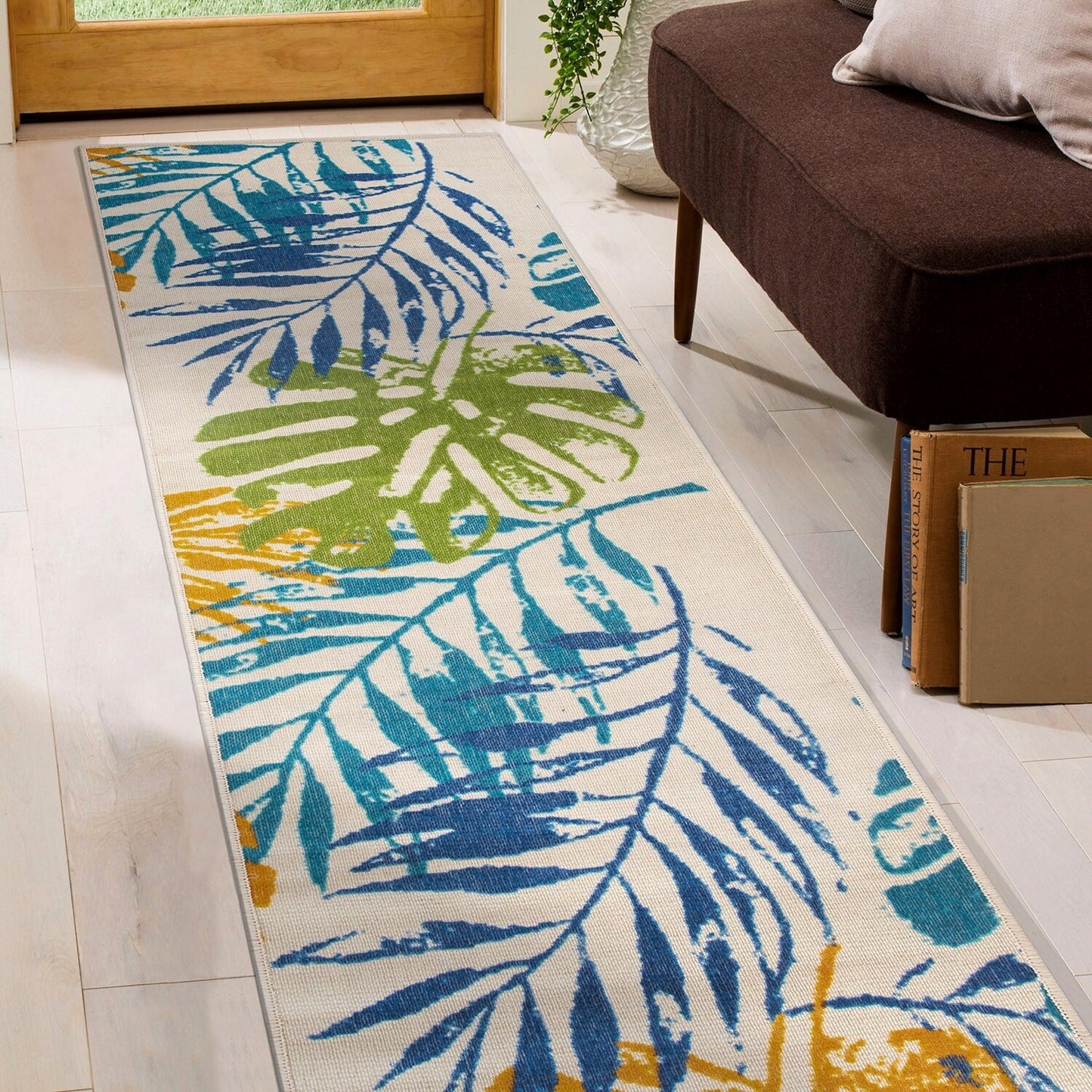 Tapis d'intérieur/extérieur tissé plat à motif floral moderne