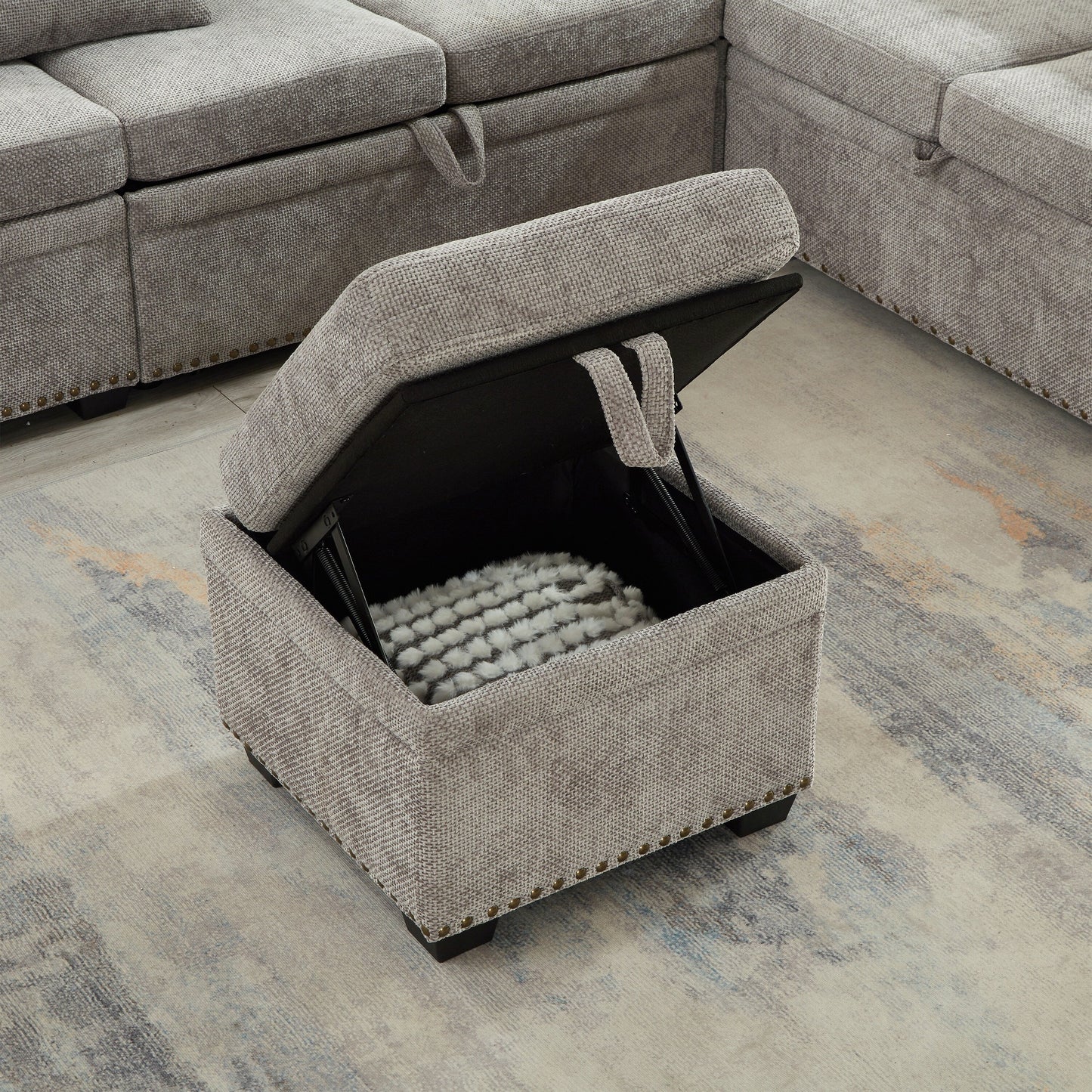 Canapé sectionnel moderne en chenille en forme de L avec canapé-lit gigogne, sièges de rangement, pouf et 2 oreillers pour le salon