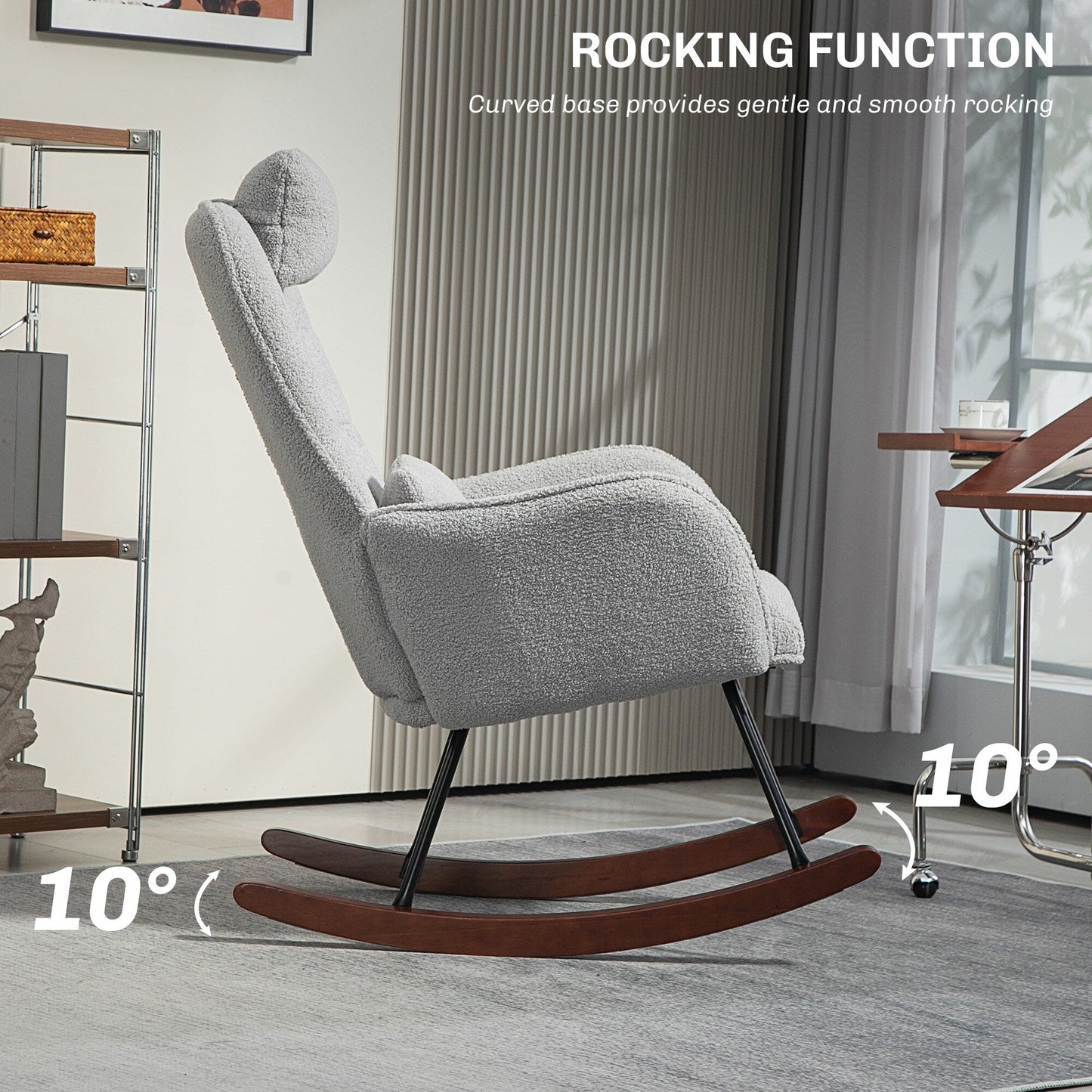 Fauteuil à bascule rembourré moderne pour chambre d'enfant avec dossier haut, appui-tête et coussin lombaire pour salon ou chambre