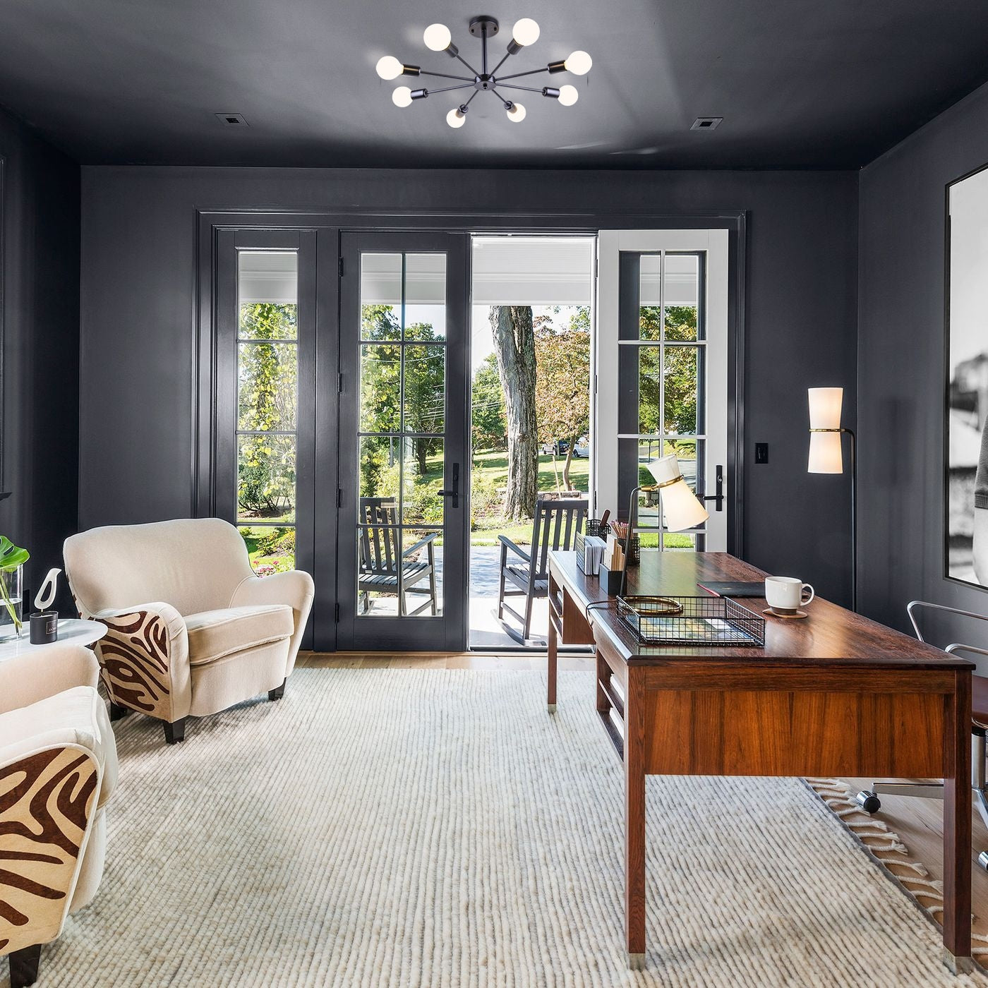 Plafonnier semi-encastré Sputnik noir/doré, idéal pour salon, cuisine, bureau, chambre ou hall d'entrée.