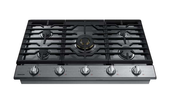 Surface de cuisson à gaz intelligente Samsung de 36 po à 5 brûleurs avec brûleur double puissant de 22 000 BTU + plaque de cuisson et grille à wok - Acier inoxydable…
