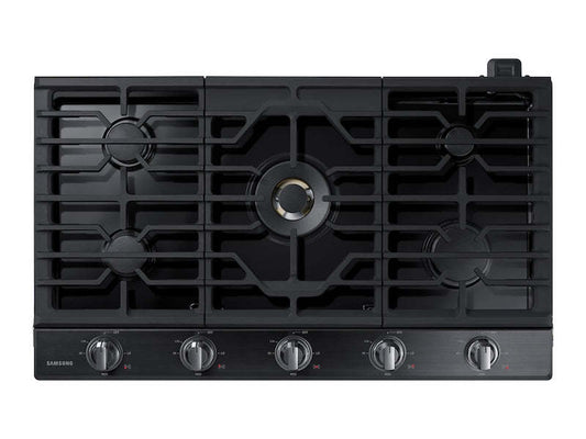 Surface de cuisson à gaz intelligente Samsung de 36 po à 5 brûleurs avec brûleur double puissant de 22K BTU + plaque de cuisson et grille à wok - Noir …