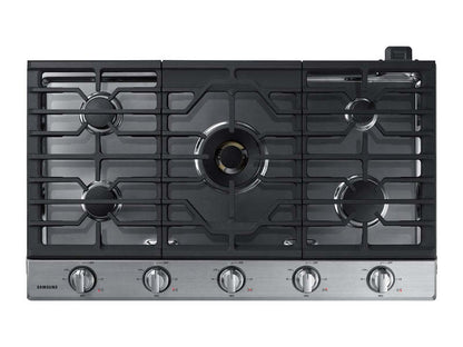 Surface de cuisson à gaz intelligente Samsung de 36 po à 5 brûleurs avec brûleur double puissant de 22 000 BTU + plaque de cuisson et grille à wok - Acier inoxydable…