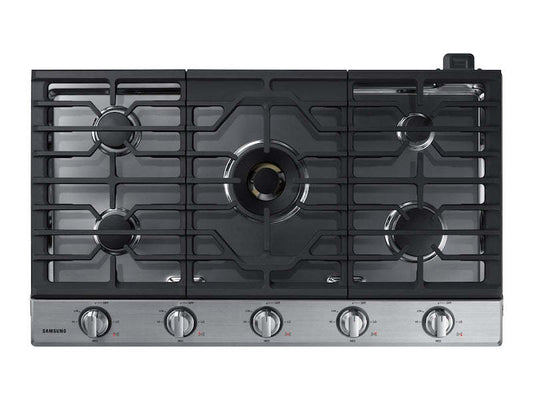 Surface de cuisson à gaz intelligente Samsung de 36 po à 5 brûleurs avec brûleur double puissant de 22 000 BTU + plaque de cuisson et grille à wok - Acier inoxydable…