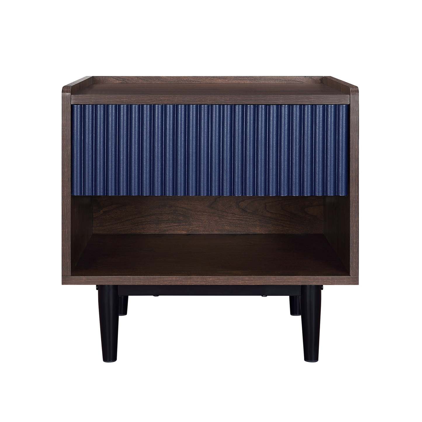 Manhattan Comfort Duane Modern Ribbed Nightstand with Full Extension Drawer - Dark Brown &amp; Navy Blue|Table de nuit moderne Duane de Manhattan Comfort avec cannelures et tiroir à extension complète - brun foncé et bleu marine