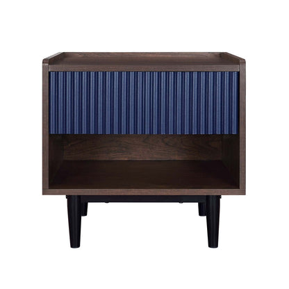 Manhattan Comfort Duane Modern Ribbed Nightstand with Full Extension Drawer - Dark Brown &amp; Navy Blue|Table de nuit moderne Duane de Manhattan Comfort avec cannelures et tiroir à extension complète - brun foncé et bleu marine