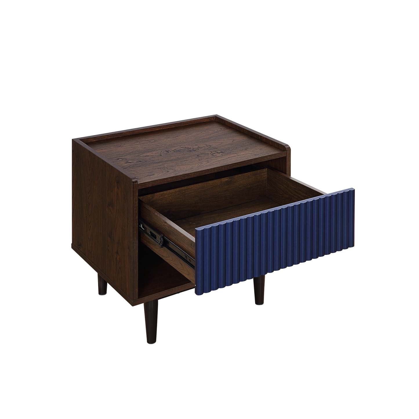 Manhattan Comfort Duane Modern Ribbed Nightstand with Full Extension Drawer - Dark Brown &amp; Navy Blue|Table de nuit moderne Duane de Manhattan Comfort avec cannelures et tiroir à extension complète - brun foncé et bleu marine