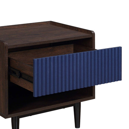 Manhattan Comfort Duane Modern Ribbed Nightstand with Full Extension Drawer - Dark Brown &amp; Navy Blue|Table de nuit moderne Duane de Manhattan Comfort avec cannelures et tiroir à extension complète - brun foncé et bleu marine