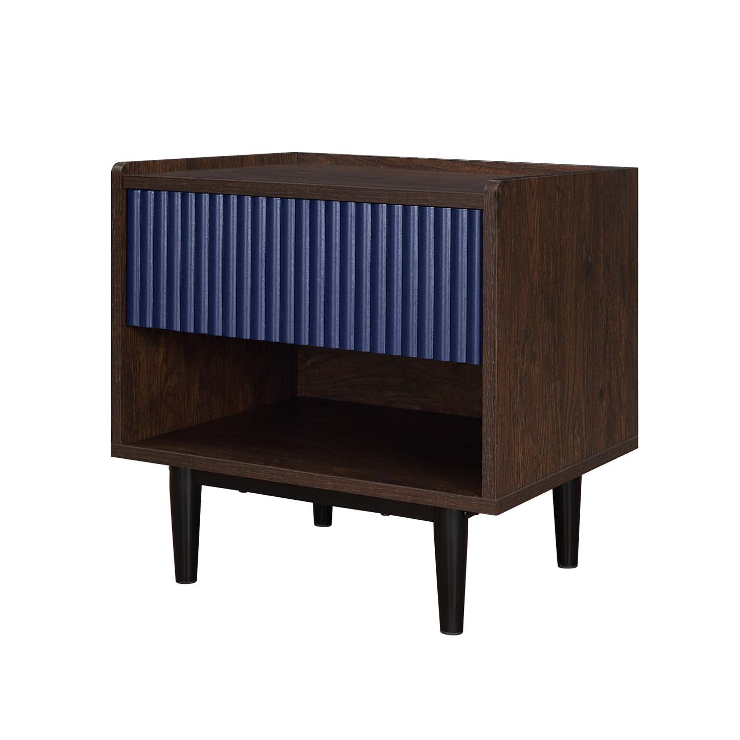 Manhattan Comfort Duane Modern Ribbed Nightstand with Full Extension Drawer - Dark Brown &amp; Navy Blue|Table de nuit moderne Duane de Manhattan Comfort avec cannelures et tiroir à extension complète - brun foncé et bleu marine