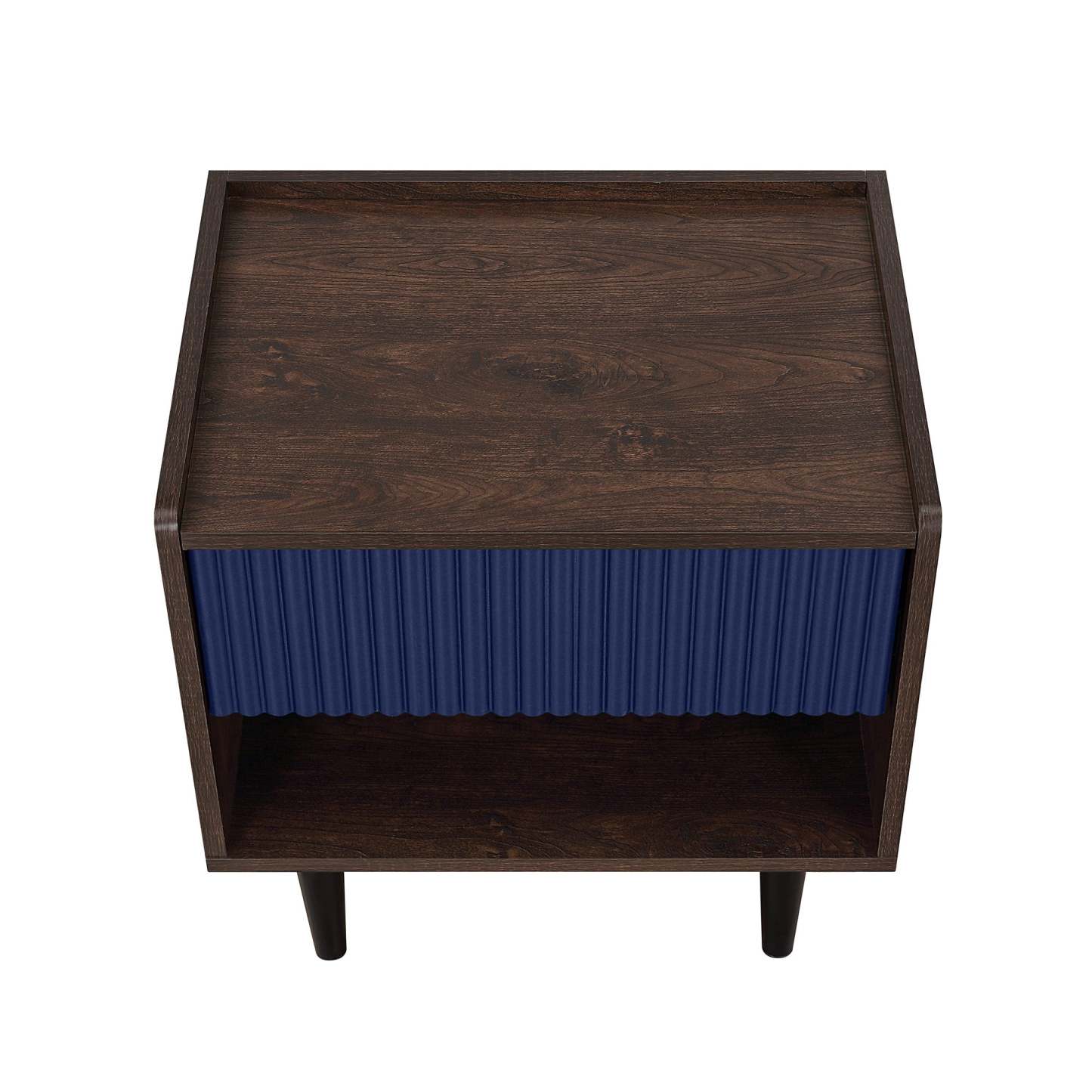 Manhattan Comfort Duane Modern Ribbed Nightstand with Full Extension Drawer - Dark Brown &amp; Navy Blue|Table de nuit moderne Duane de Manhattan Comfort avec cannelures et tiroir à extension complète - brun foncé et bleu marine