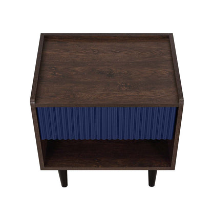 Manhattan Comfort Duane Modern Ribbed Nightstand with Full Extension Drawer - Dark Brown &amp; Navy Blue|Table de nuit moderne Duane de Manhattan Comfort avec cannelures et tiroir à extension complète - brun foncé et bleu marine