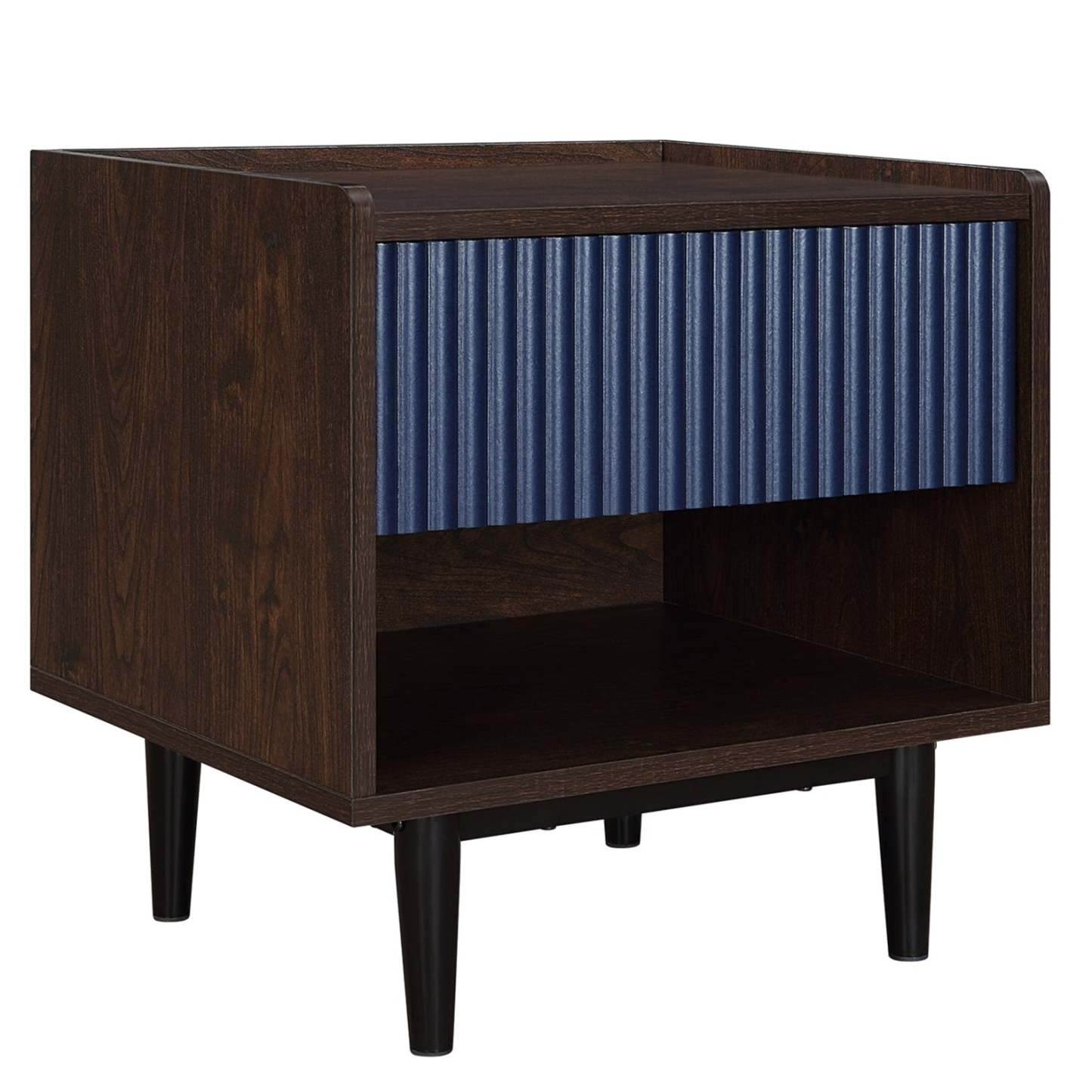 Manhattan Comfort Duane Modern Ribbed Nightstand with Full Extension Drawer - Dark Brown &amp; Navy Blue|Table de nuit moderne Duane de Manhattan Comfort avec cannelures et tiroir à extension complète - brun foncé et bleu marine