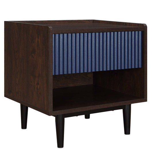 Manhattan Comfort Duane Modern Ribbed Nightstand with Full Extension Drawer - Dark Brown &amp; Navy Blue|Table de nuit moderne Duane de Manhattan Comfort avec cannelures et tiroir à extension complète - brun foncé et bleu marine