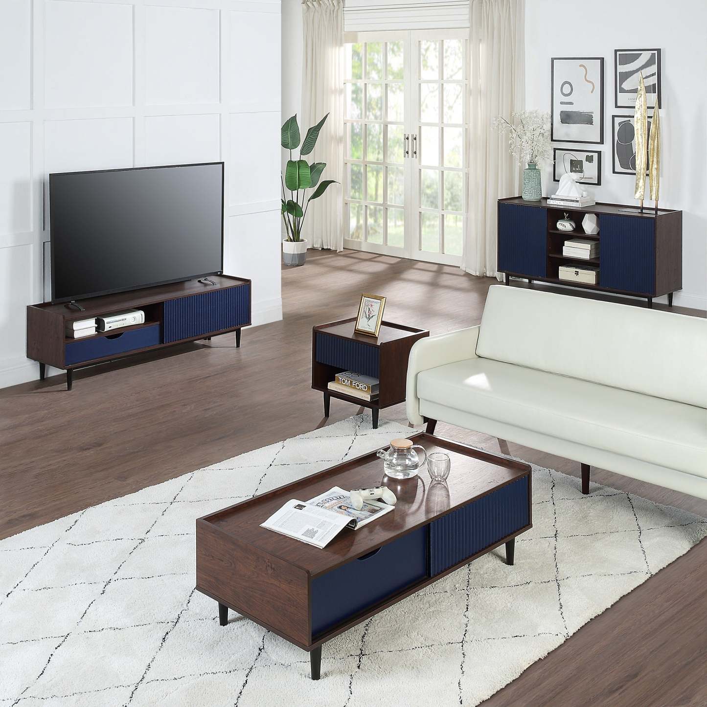 Manhattan Comfort Duane 59.05" Buffet moderne nervuré avec étagères réglables - Brun foncé et bleu marine | Desserte moderne Duane de Manhattan Comfort de 59,05 po avec cannelures et tablettes réglables - brun foncé et bleu marine