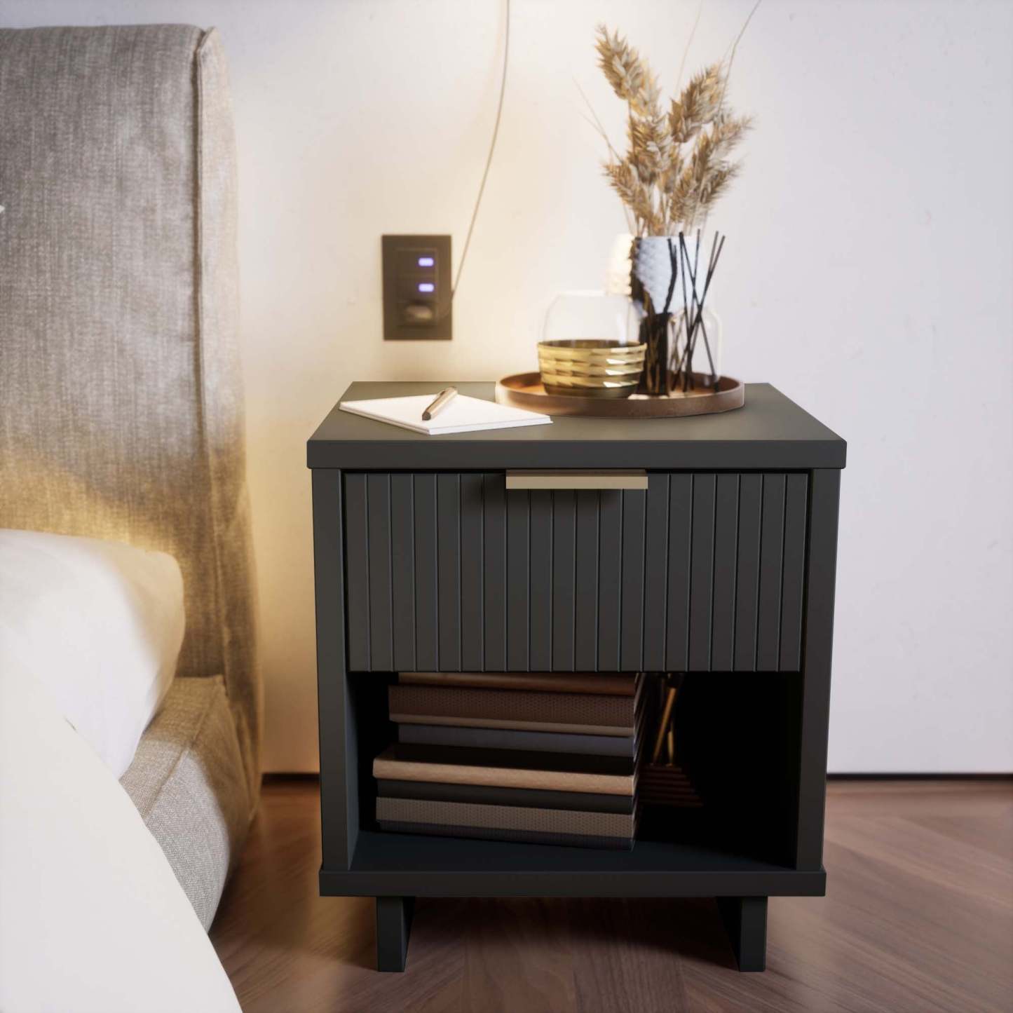 Manhattan Comfort Granville Modern Nightstand with 2 Full Extension Drawers - Noir|Table de nuit moderne Granville de Manhattan Comfort avec 2 tiroirs à extension complète - noire