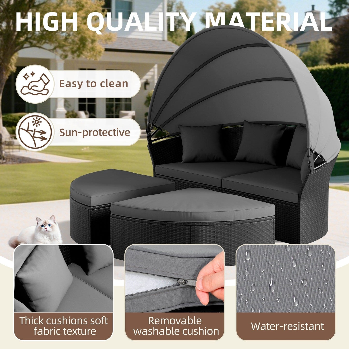 Ensemble de canapé-lit sectionnel rond en osier noir pour patio Nuon 4 pièces avec auvent rétractable par Havenside Home