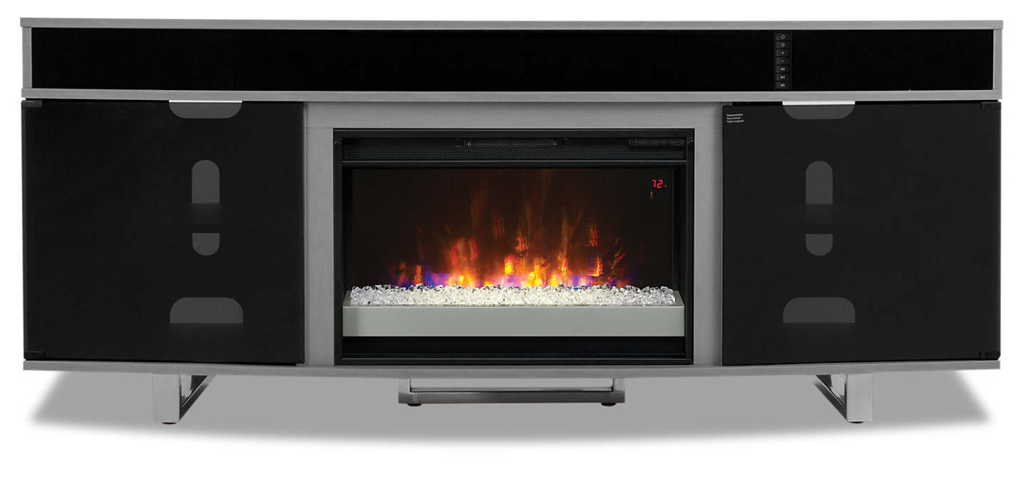 Meuble pour téléviseur moderne Odesos de 72 po avec foyer électrique, rangement et système de gestion des câbles pour téléviseurs jusqu’à 80 po - gris