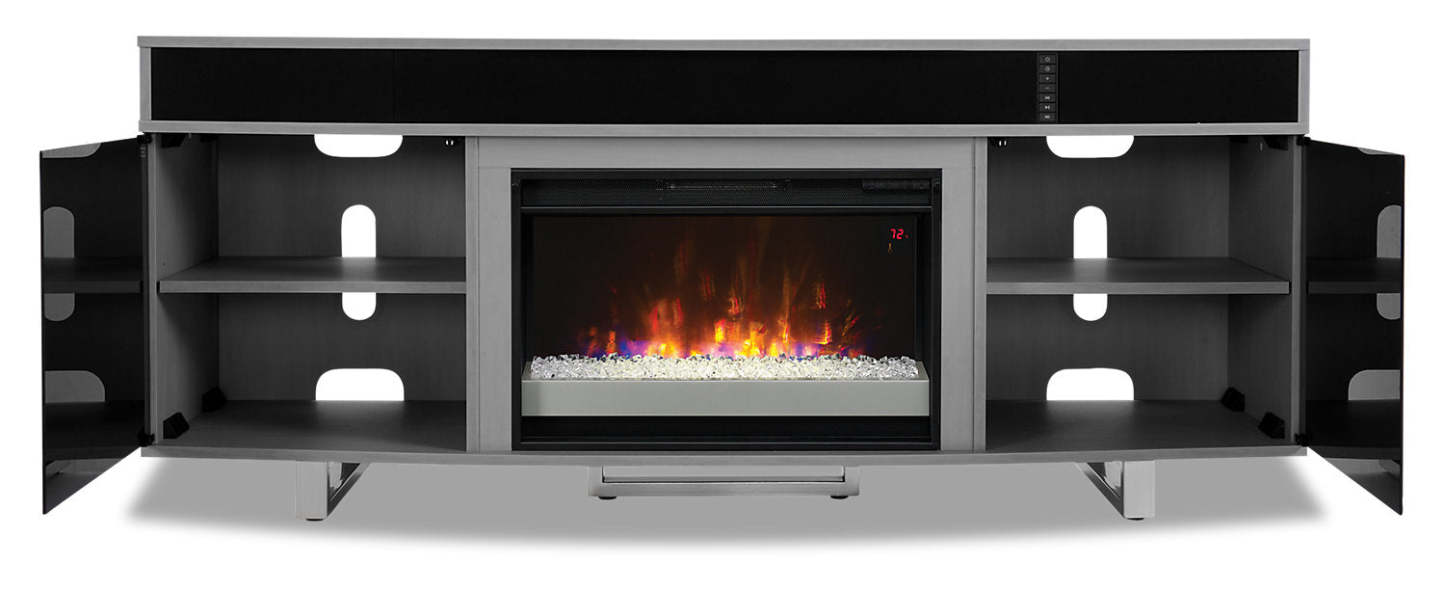 Meuble pour téléviseur moderne Odesos de 72 po avec foyer électrique, rangement et système de gestion des câbles pour téléviseurs jusqu’à 80 po - gris