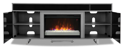 Meuble pour téléviseur moderne Odesos de 72 po avec foyer électrique, rangement et système de gestion des câbles pour téléviseurs jusqu’à 80 po - gris