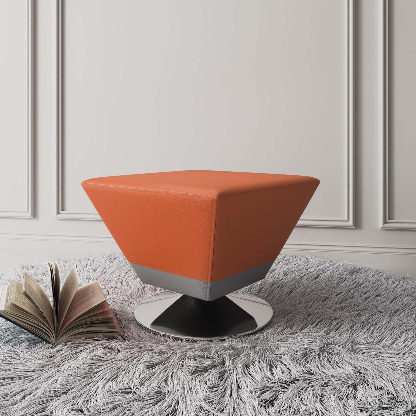 Pouf pivotant Manhattan Comfort Diamond en chrome poli - orange