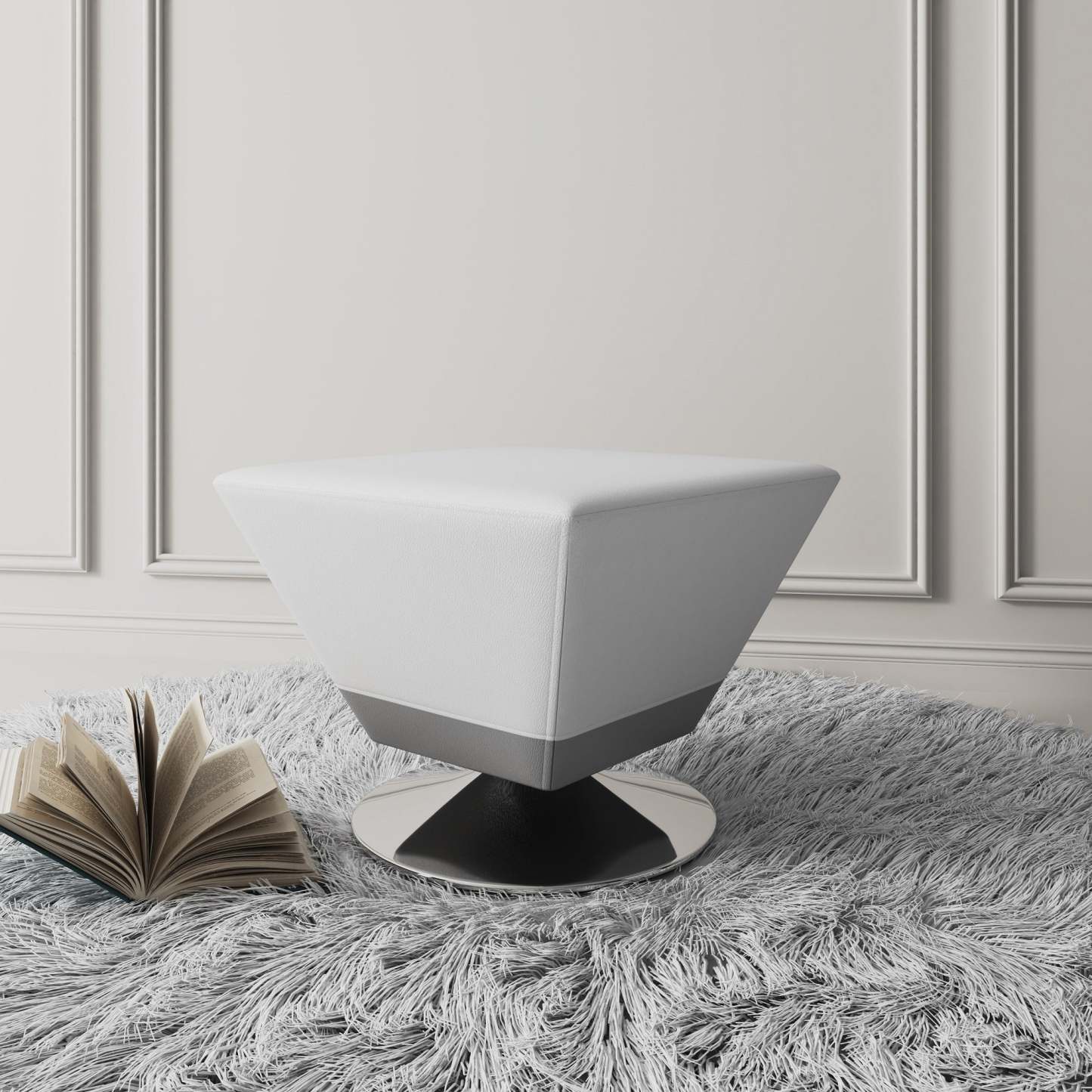 Pouf pivotant Manhattan Comfort Diamond en chrome poli - Blanc