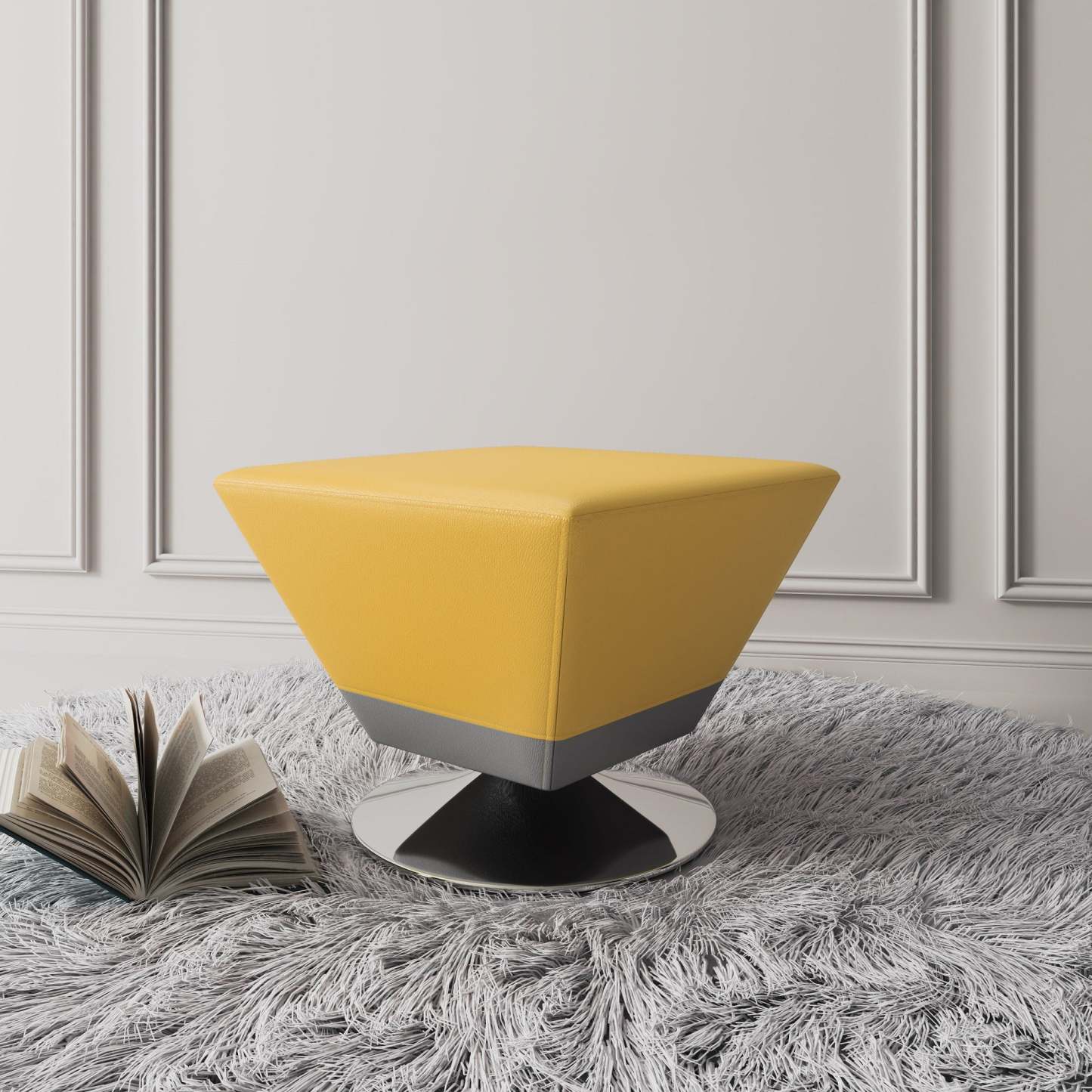 Pouf pivotant Manhattan Comfort Diamond en chrome poli - Jaune
