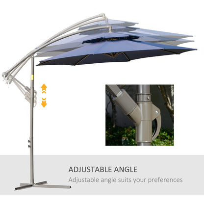 Parasol déporté Outsunny 9' à 2 niveaux avec manivelle, base en croix et 8 baleines, pour jardin et terrasse.