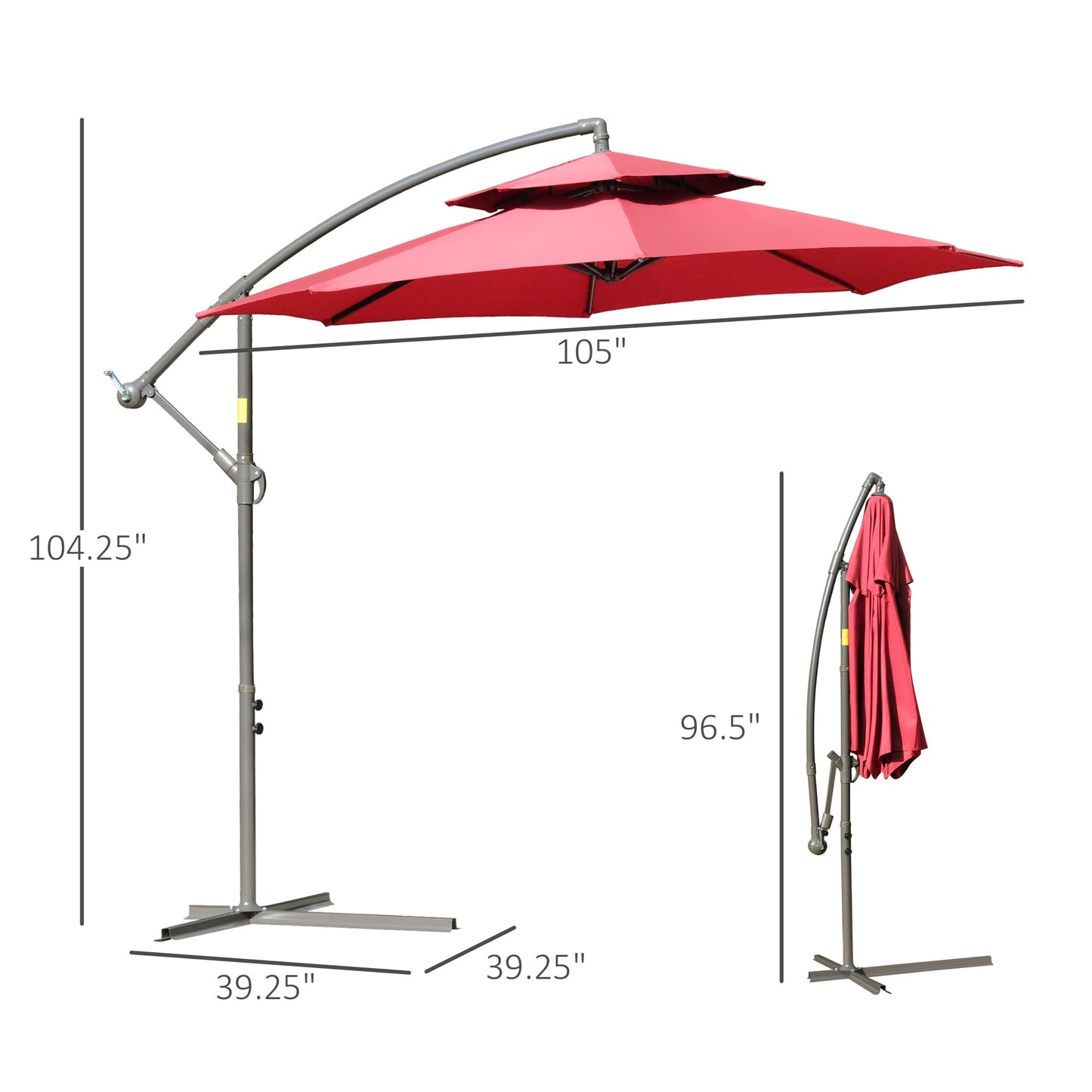 Parasol déporté Outsunny 9' à 2 niveaux avec manivelle, base en croix et 8 baleines, pour jardin et terrasse.
