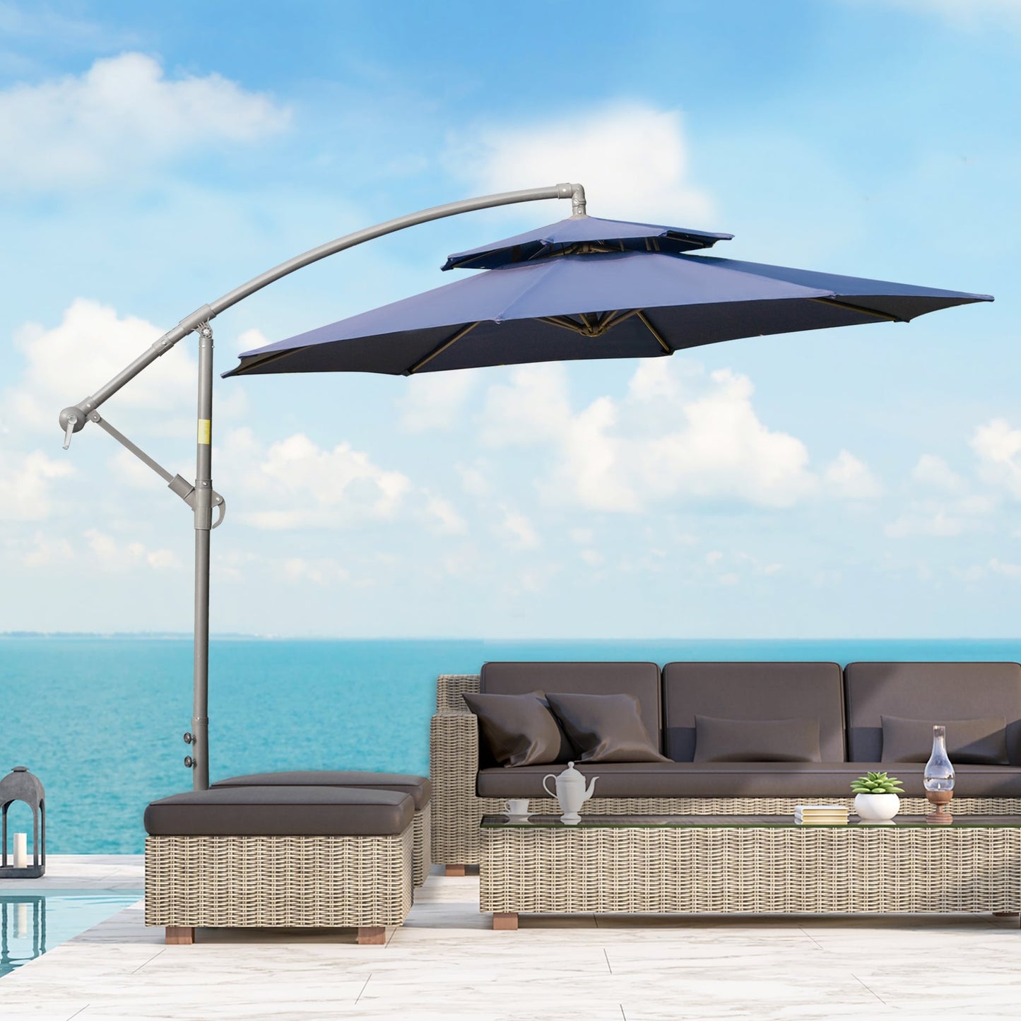 Parasol déporté Outsunny 9' à 2 niveaux avec manivelle, base en croix et 8 baleines, pour jardin et terrasse.