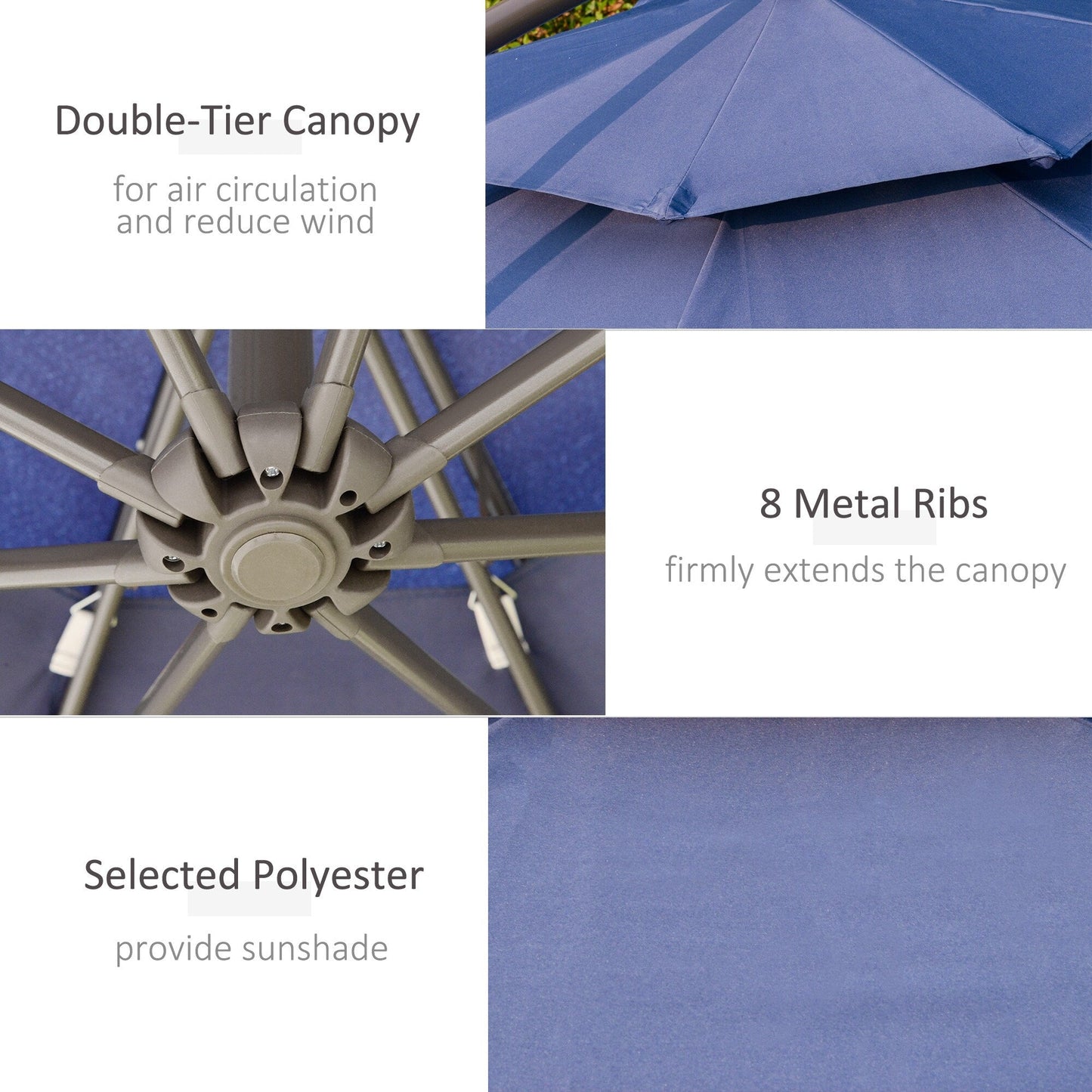 Parasol déporté Outsunny 9' à 2 niveaux avec manivelle, base en croix et 8 baleines, pour jardin et terrasse.