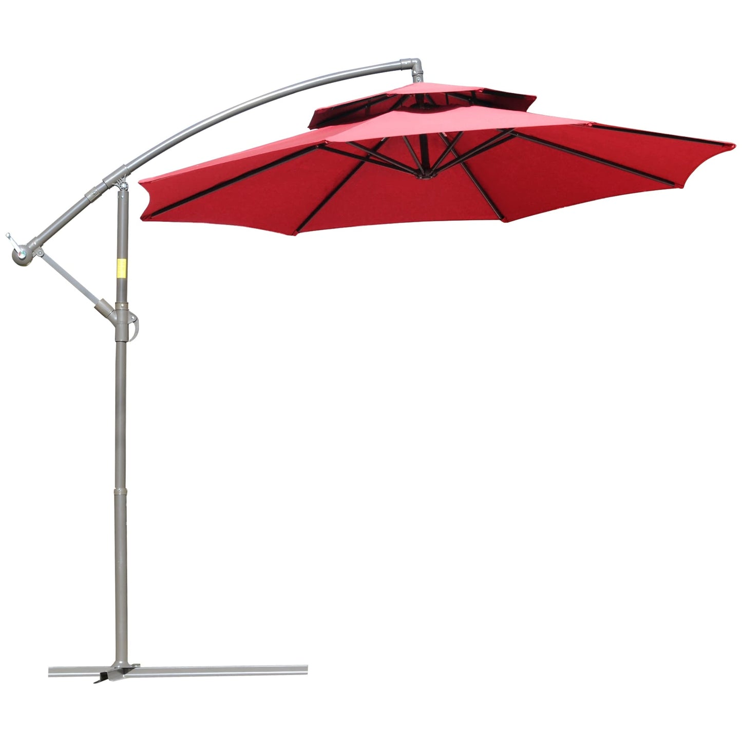 Parasol déporté Outsunny 9' à 2 niveaux avec manivelle, base en croix et 8 baleines, pour jardin et terrasse.