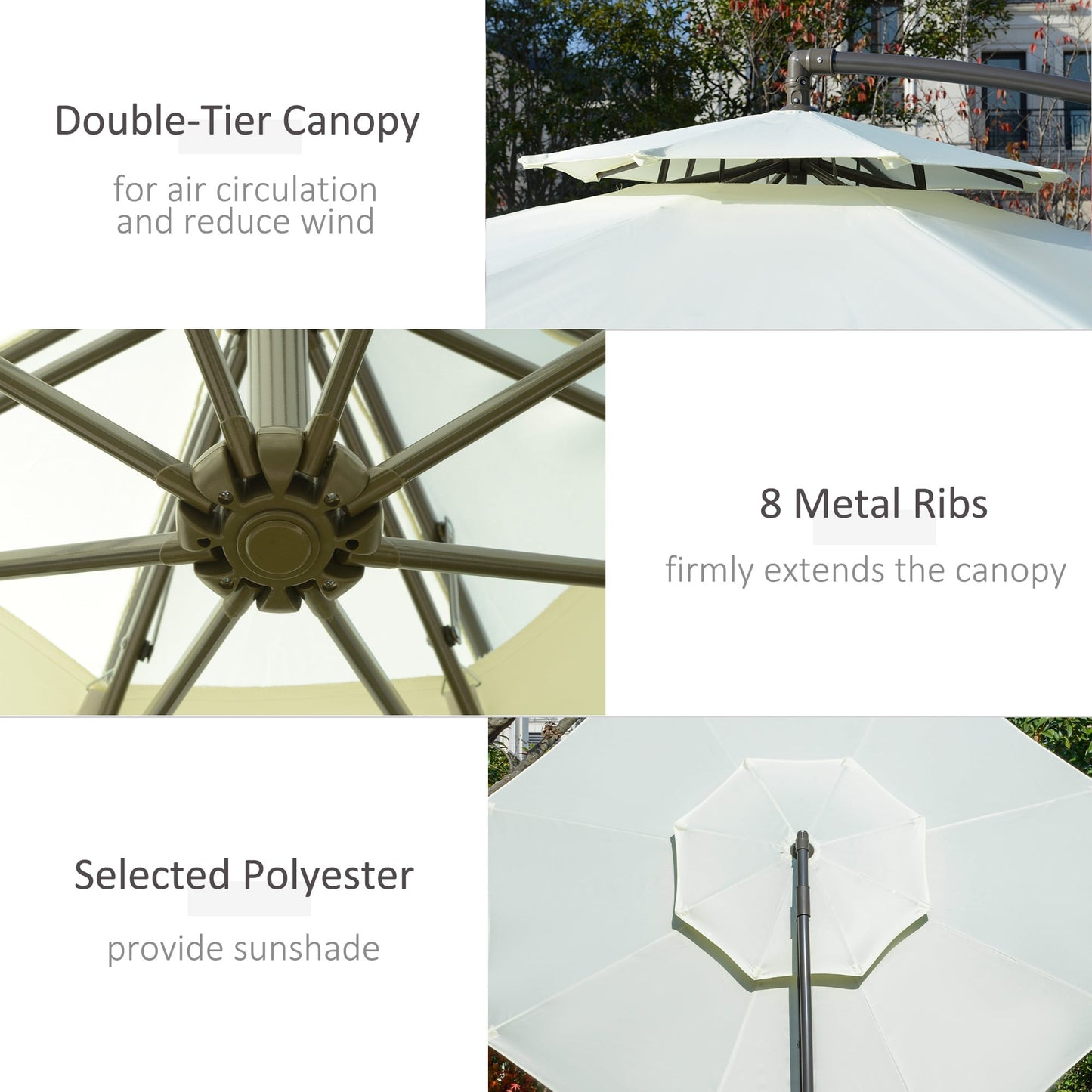 Parasol déporté Outsunny 9' à 2 niveaux avec manivelle, base en croix et 8 baleines, pour jardin et terrasse.